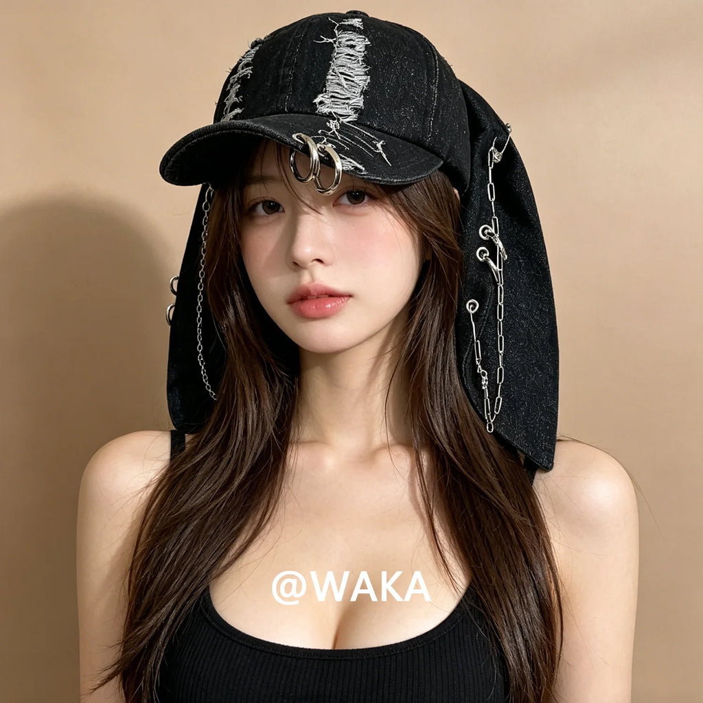 WAKA Distressed Bunny Ear Denim Baseball Cap for Men Women Y2K Streetwear Chain Ring Adjustable Octagonal Hat