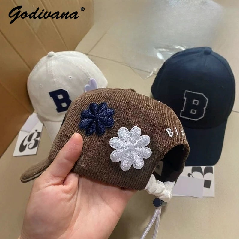 Japanese New Autumn Female Girls Flower Embroidered Caps Cool Corduroy Baseball Caps Hats