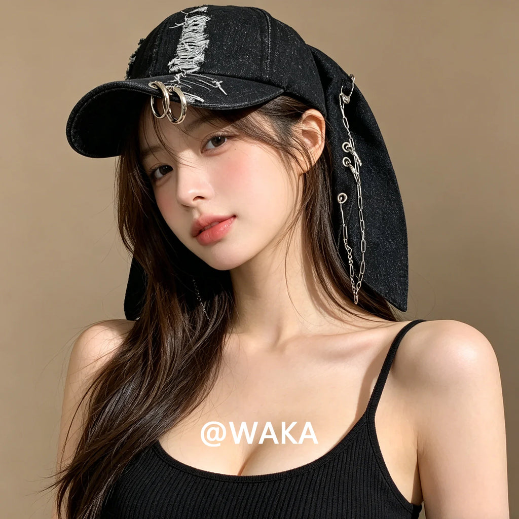 WAKA Distressed Bunny Ear Denim Baseball Cap for Men Women Y2K Streetwear Chain Ring Adjustable Octagonal Hat