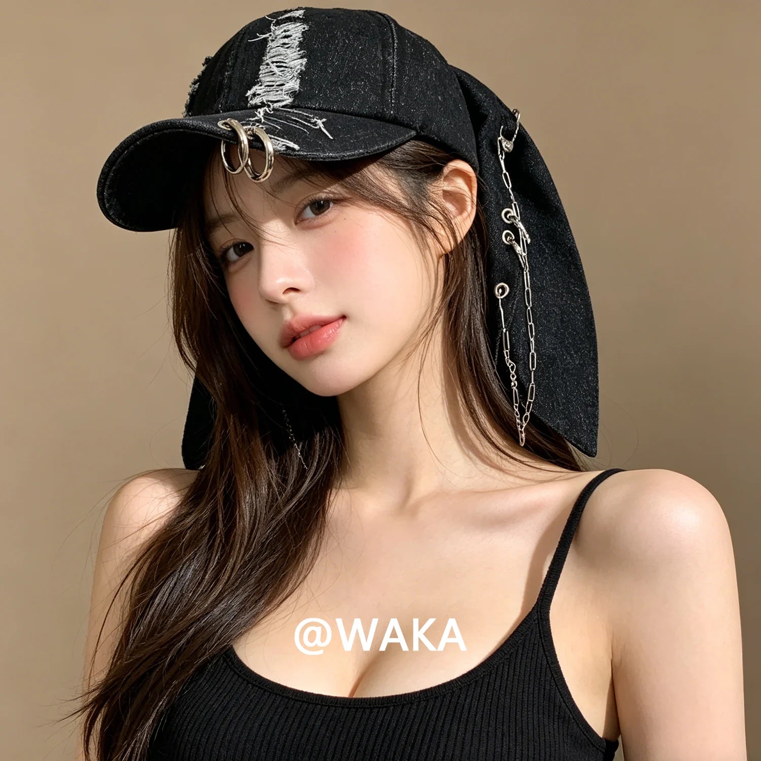 WAKA Distressed Bunny Ear Denim Baseball Cap for Men Women Y2K Streetwear Chain Ring Adjustable Octagonal Hat