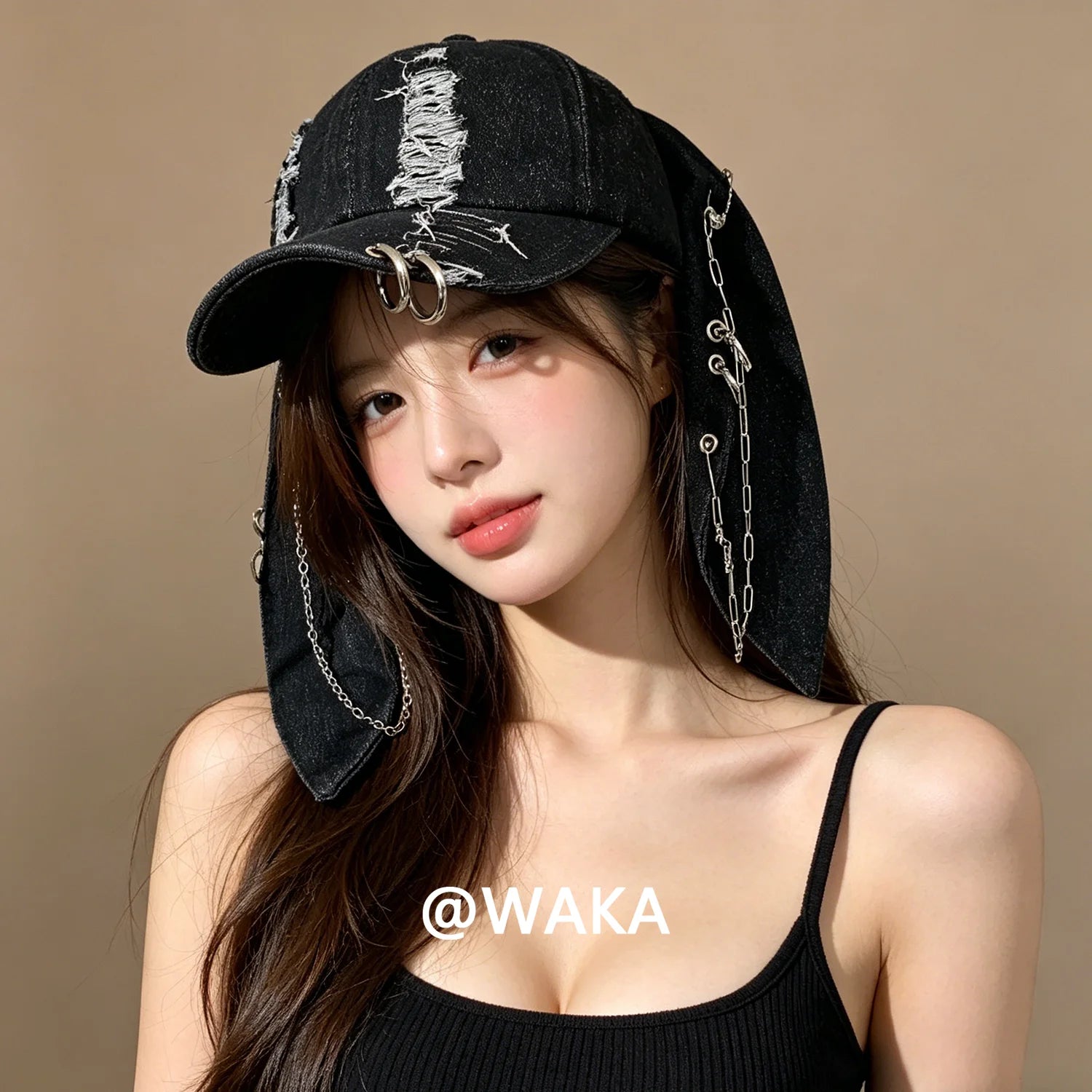 WAKA Distressed Bunny Ear Denim Baseball Cap for Men Women Y2K Streetwear Chain Ring Adjustable Octagonal Hat