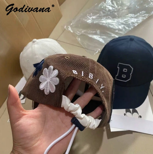 Japanese New Autumn Female Girls Flower Embroidered Caps Cool Corduroy Baseball Caps Hats